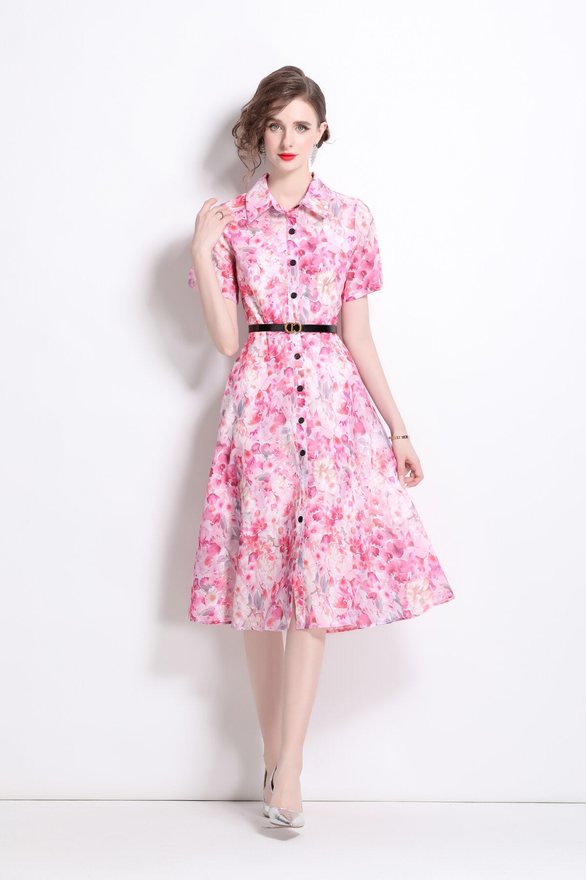Floral Cinched Waist A Line Work Shirt Dress-5