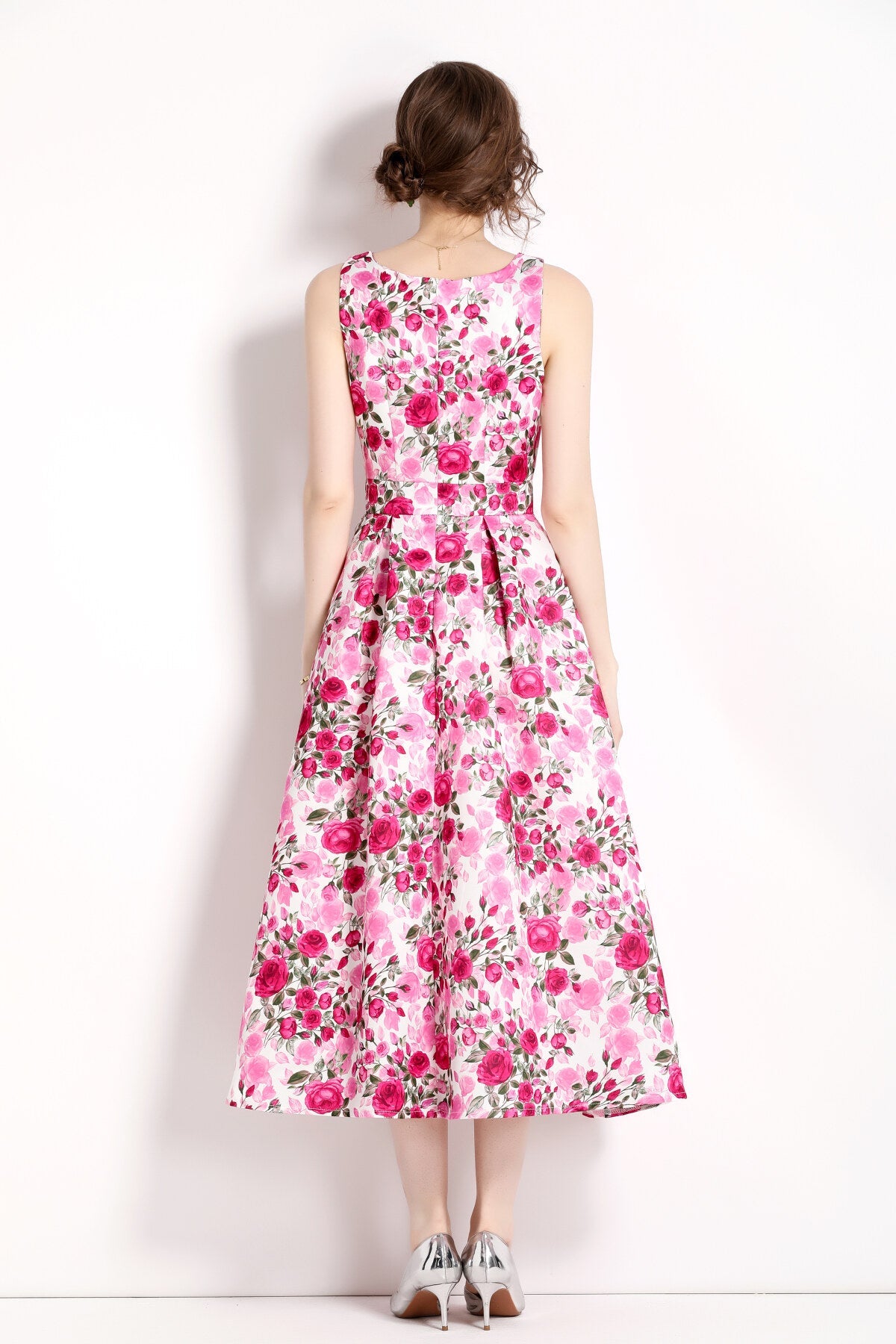 Floral Pink Sleeveless Midi Dress-3
