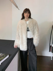 Fireladyfur Women's Casual Tuscan Sheepskin Jacket with Stand-up Collar“Sea of Love Accompaniment”