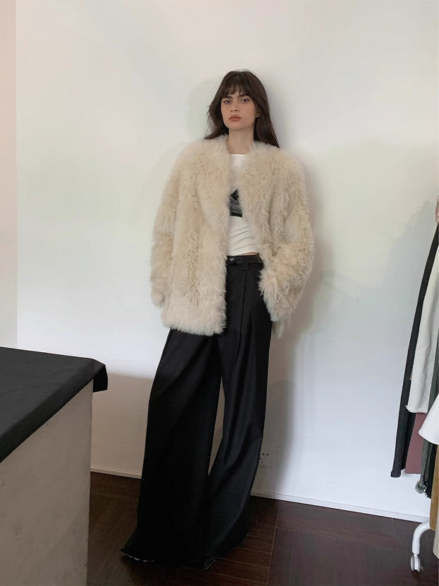 Fireladyfur Women's Casual Tuscan Sheepskin Jacket with Stand-up Collar“Sea of Love Accompaniment”