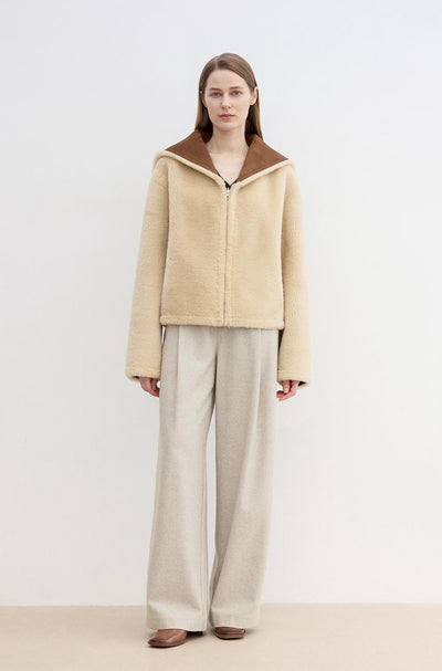 “Floating Dune" Wool Contrasting Artificial Compositesuede Navy Collar Shearling  Jacket