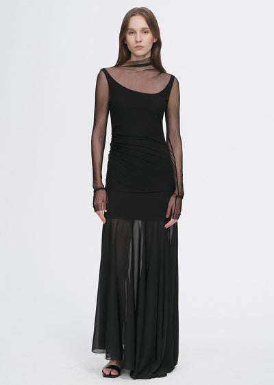 Double-layer transparent oblique collar pinched pleat half-high collar slim fit fake two-piece knitted T-shirt tops for women-0