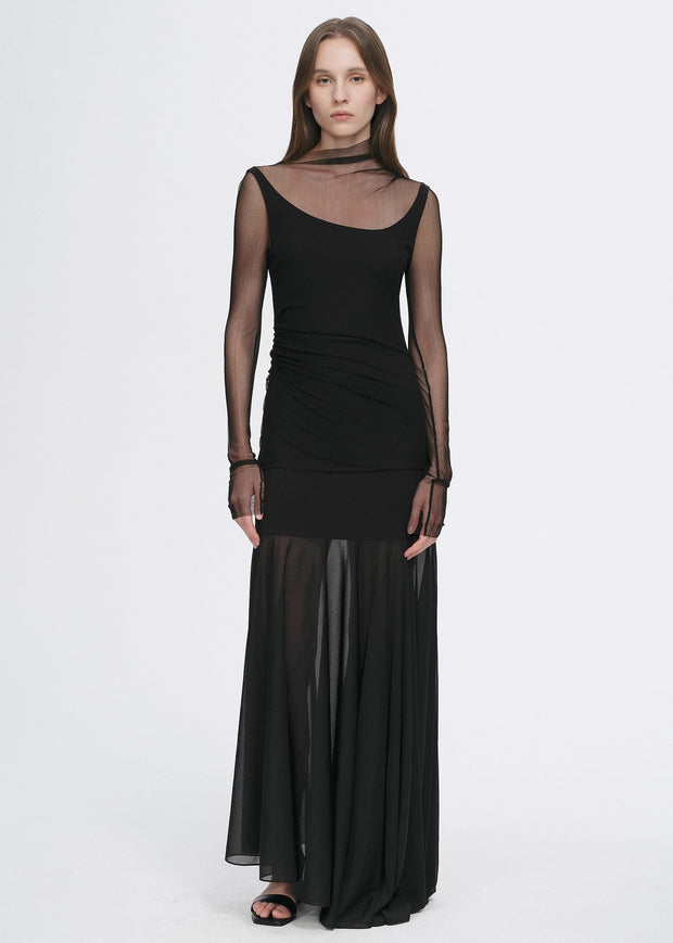 Double-layer transparent oblique collar pinched pleat half-high collar slim fit fake two-piece knitted T-shirt tops for women-0