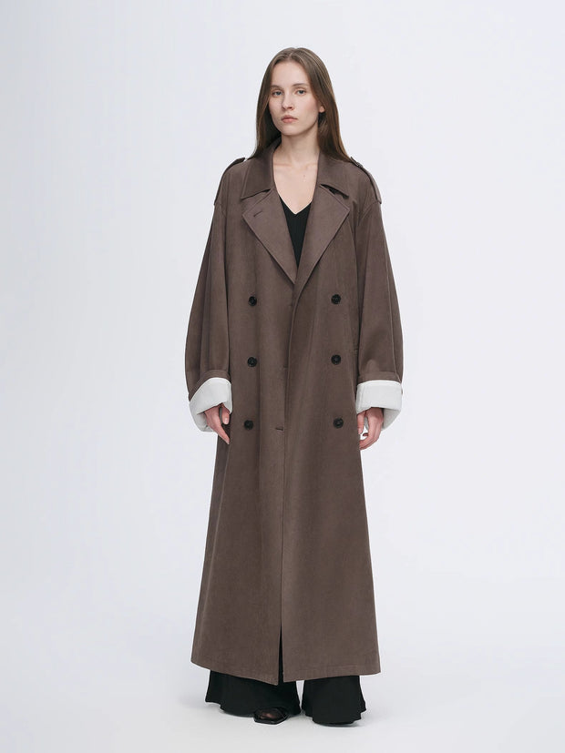 "Line Walker" matte micro-velvet drape classic elegant double-breasted straight long trench coat