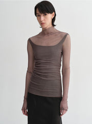 Double-layer transparent oblique collar pinched pleat half-high collar slim fit fake two-piece knitted T-shirt tops for women-5