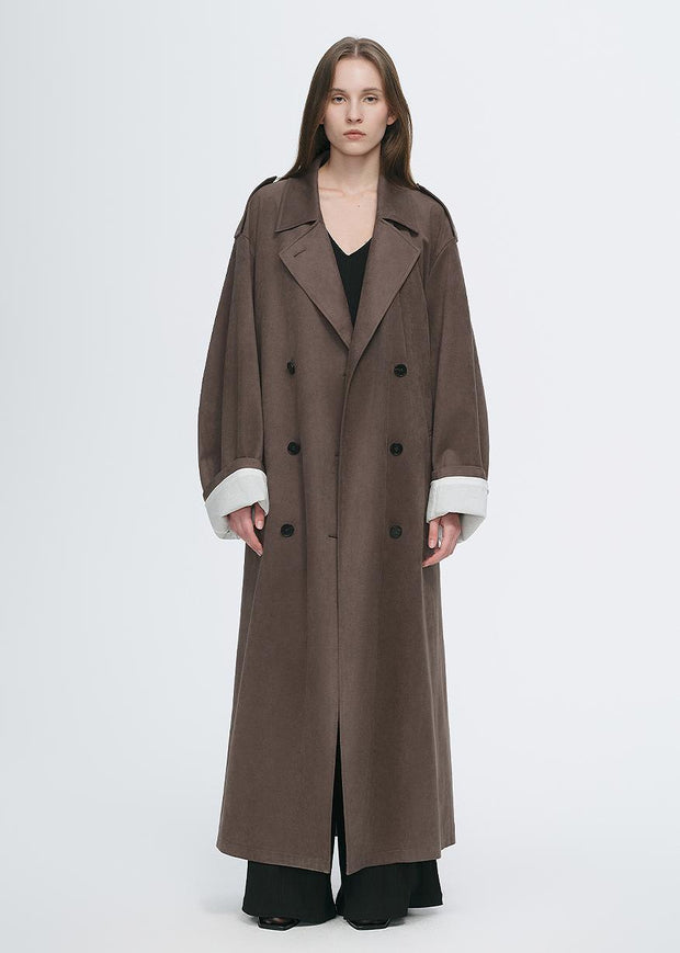 "Line Walker" matte micro-velvet drape classic elegant double-breasted straight long trench coat
