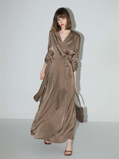 Antique Brown Satin Wrap Dress - Starlit Wardrobe Dresses