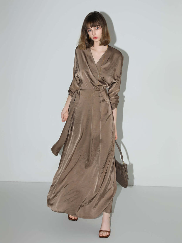 Antique Brown Satin Wrap Dress - Starlit Wardrobe Dresses