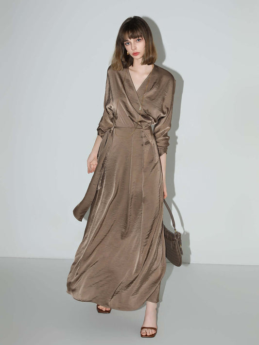 Antique Brown Satin Wrap Dress-0