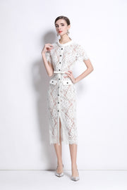 Blanca Slim Fit Round Neck Button Down Lace Dress - Starlit Wardrobe Dresses