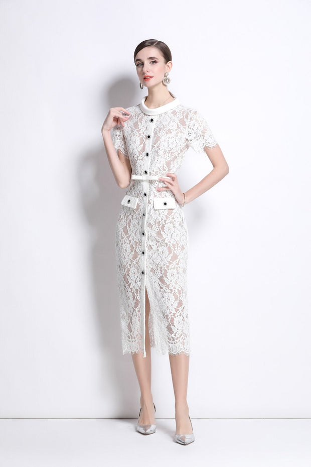 Blanca Slim Fit Round Neck Button Down Lace Dress - Starlit Wardrobe Dresses