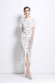Blanca Slim Fit Round Neck Button Down Lace Dress - Starlit Wardrobe Dresses