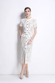 Blanca Slim Fit Round Neck Button Down Lace Dress - Starlit Wardrobe Dresses