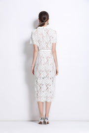 Blanca Slim Fit Round Neck Button Down Lace Dress - Starlit Wardrobe Dresses