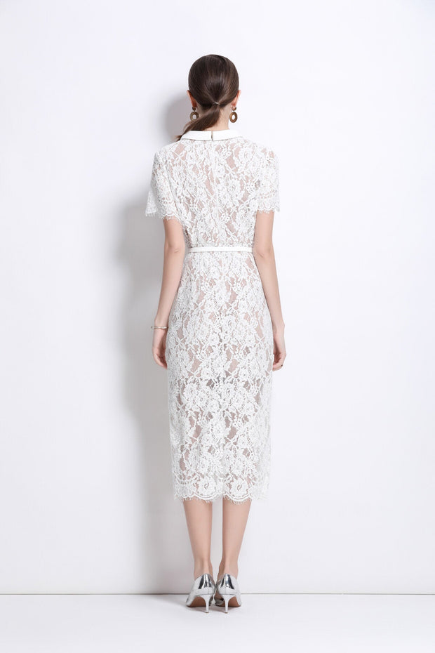 Blanca Slim Fit Round Neck Button Down Lace Dress - Starlit Wardrobe Dresses