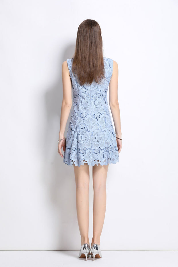 Cornflower Blue Floral Cutout Mini Dress – Elegant Women’s Lace Mini - Starlit Wardrobe Dresses