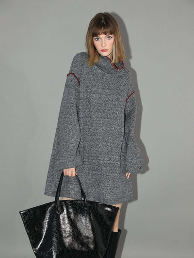 Elegant High - Neck Grey Knitted Dress – Women’s Winter Knit Dress - Starlit Wardrobe Dresses