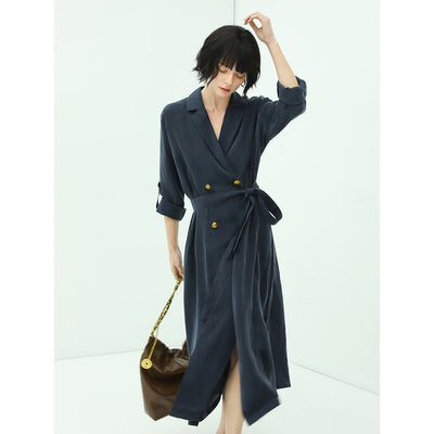 Elite Double Breasted Silk Drape Navy Blazer Dress - Starlit Wardrobe Dresses