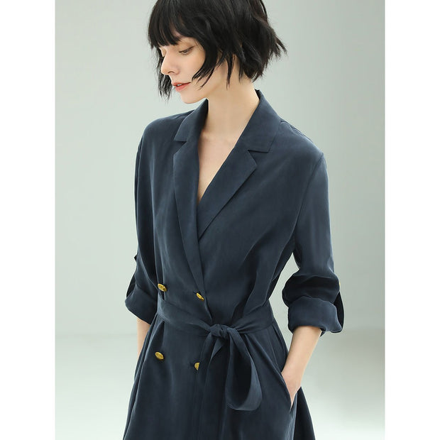 Elite Double Breasted Silk Drape Navy Blazer Dress - Starlit Wardrobe Dresses