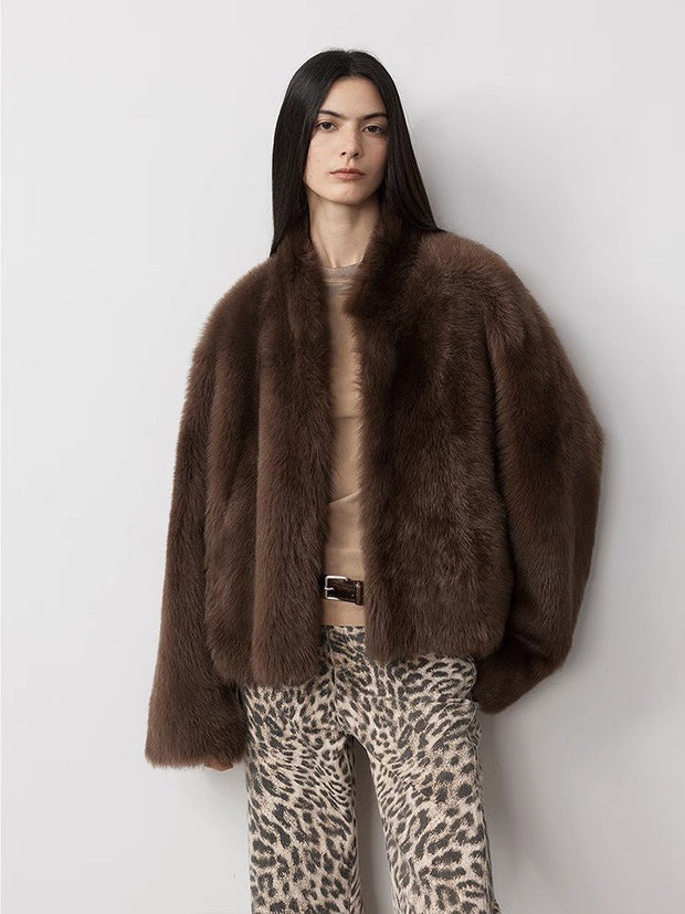 Fireladyfur Women's Casual Drop Shoulder Stand Collar Sheepskin Coat"Practical Wearism" - Starlit Wardrobe Sheepskin