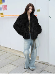 Fireladyfur Women's Reversible Standing Collar Tuscan Sheepskin Coat“Beethoven's Night” - Starlit Wardrobe fur coat