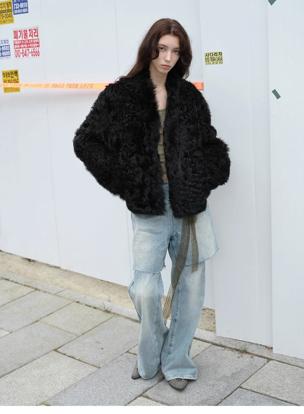 Fireladyfur Women's Reversible Standing Collar Tuscan Sheepskin Coat“Beethoven's Night” - Starlit Wardrobe fur coat