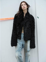 Fireladyfur Women's Reversible Standing Collar Tuscan Sheepskin Coat“Beethoven's Night” - Starlit Wardrobe fur coat