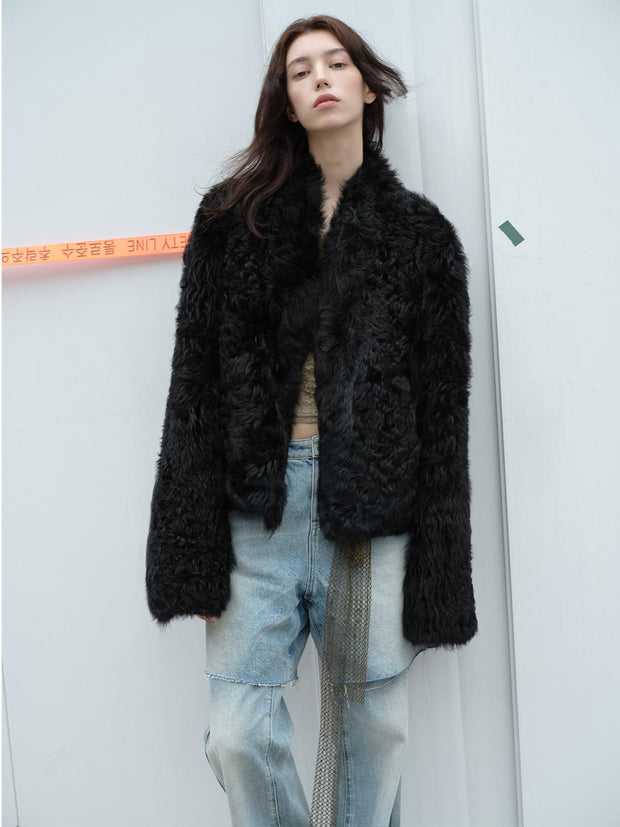 Fireladyfur Women's Reversible Standing Collar Tuscan Sheepskin Coat“Beethoven's Night” - Starlit Wardrobe fur coat