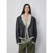 Fireladyfur Women's Reversible Standing Collar Tuscan Sheepskin Coat“Beethoven's Night” - Starlit Wardrobe fur coat