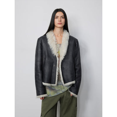 Fireladyfur Women's Reversible Standing Collar Tuscan Sheepskin Coat“Beethoven's Night” - Starlit Wardrobe fur coat