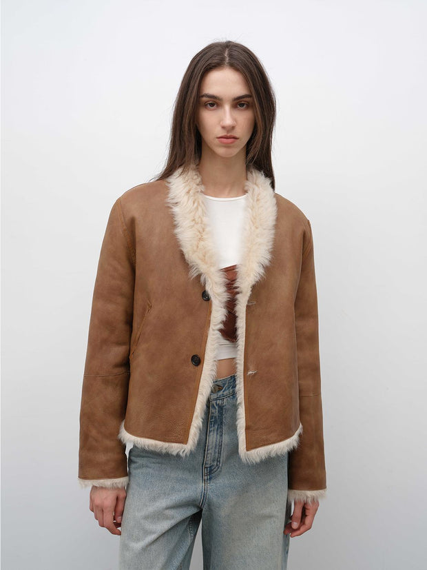 Fireladyfur Women's Reversible Standing Collar Tuscan Sheepskin Coat“Beethoven's Night” - Starlit Wardrobe fur coat