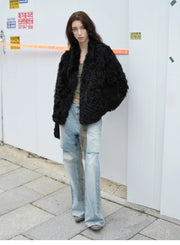 Fireladyfur Women's Reversible Standing Collar Tuscan Sheepskin Coat“Beethoven's Night” - Starlit Wardrobe fur coat