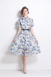 Floral Cinched Waist A Line Work Shirt Dress - Starlit Wardrobe Dresses