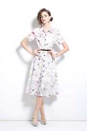 Floral Cinched Waist A Line Work Shirt Dress - Starlit Wardrobe Dresses