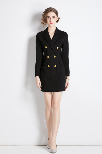 Gold Double Breasted Little Black Blazer Dress – Women’s Power Blazer - Starlit Wardrobe Dresses
