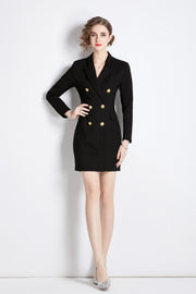 Gold Double Breasted Little Black Blazer Dress – Women’s Power Blazer - Starlit Wardrobe Dresses