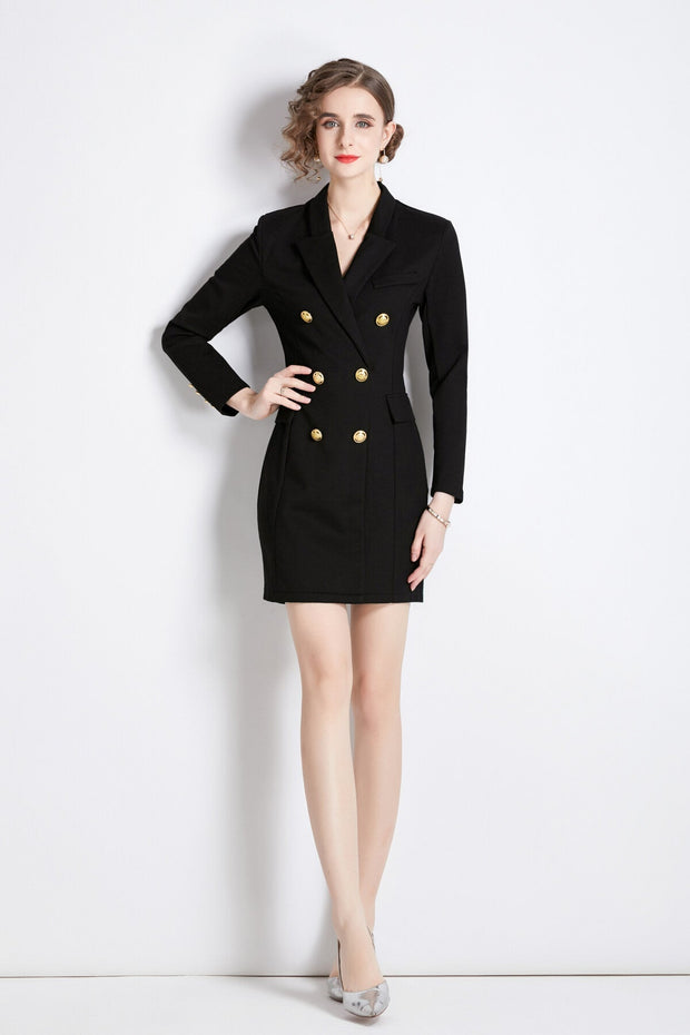 Gold Double Breasted Little Black Blazer Dress – Women’s Power Blazer - Starlit Wardrobe Dresses