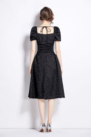 Jacquard Hand Beaded Square Neck Puff Sleeve Midi Dress - Starlit Wardrobe Dresses