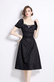 Jacquard Hand Beaded Square Neck Puff Sleeve Midi Dress - Starlit Wardrobe Dresses