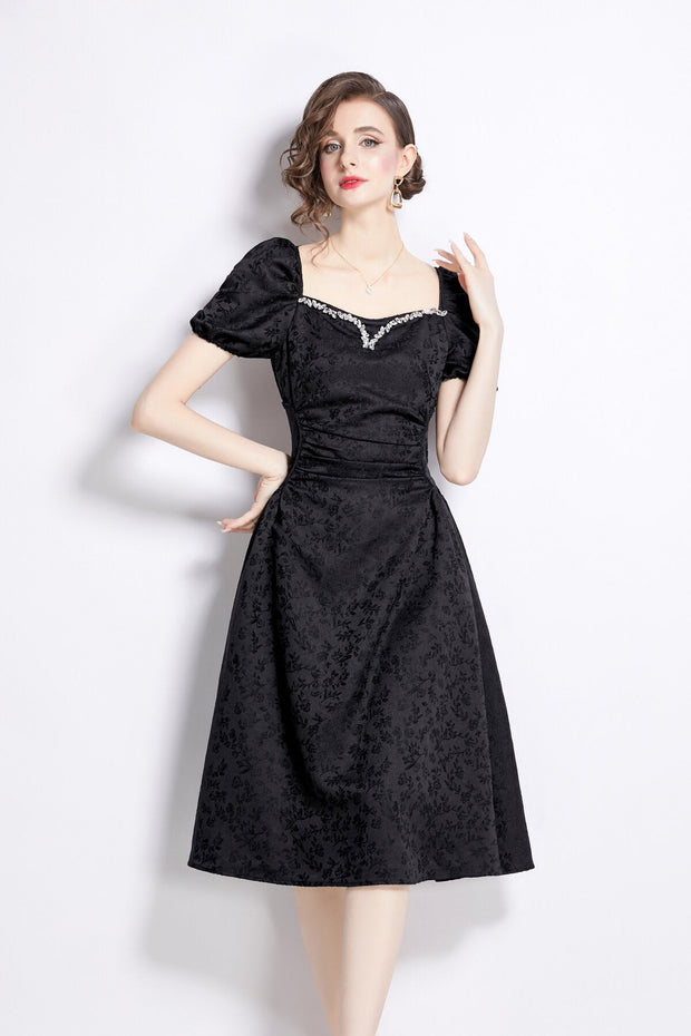 Jacquard Hand Beaded Square Neck Puff Sleeve Midi Dress - Starlit Wardrobe Dresses