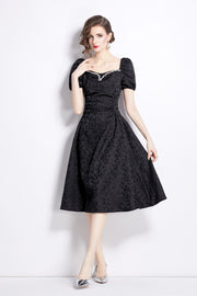 Jacquard Hand Beaded Square Neck Puff Sleeve Midi Dress - Starlit Wardrobe Dresses