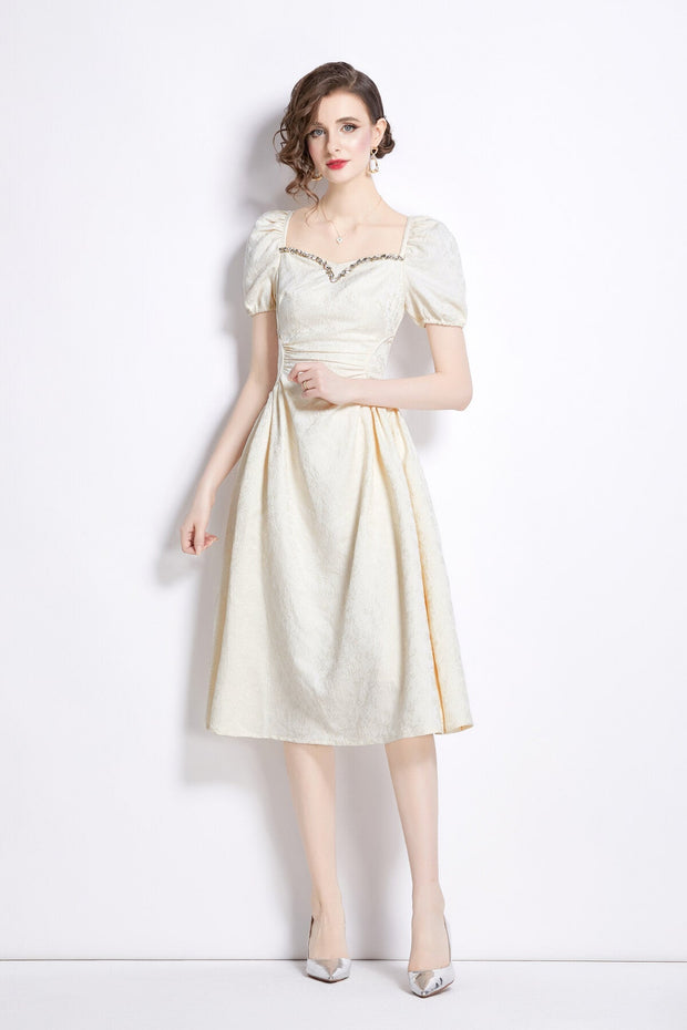 Jacquard Hand Beaded Square Neck Puff Sleeve Midi Dress - Starlit Wardrobe Dresses