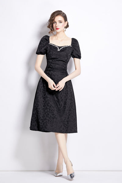 Jacquard Hand Beaded Square Neck Puff Sleeve Midi Dress - Starlit Wardrobe Dresses