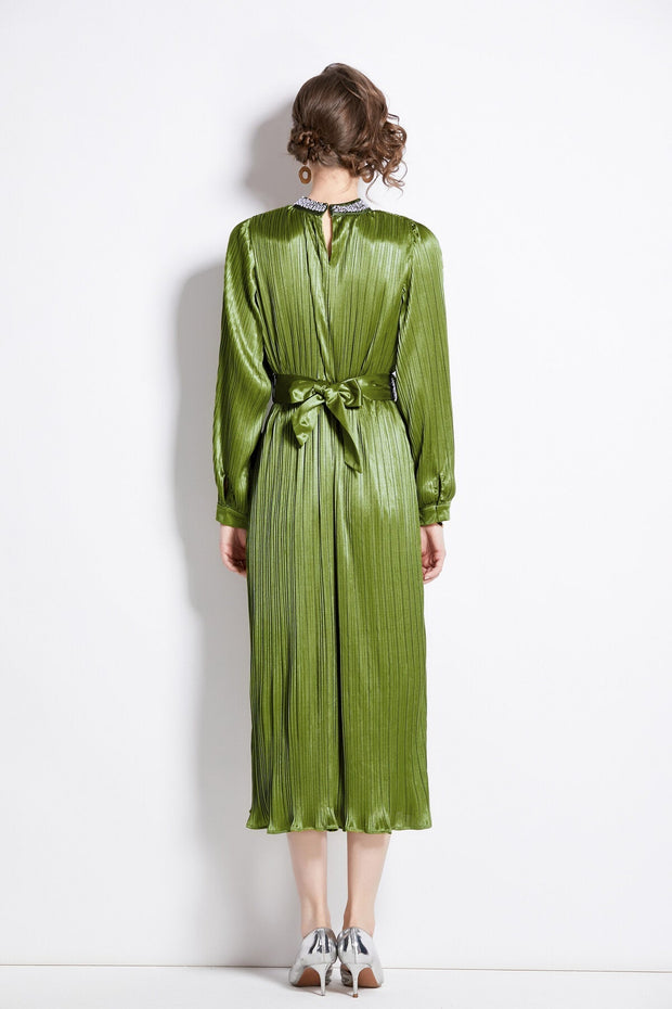 Lantern Sleeve Waist Tie Heavily Beaded Pleated Dress - Starlit Wardrobe Dresses