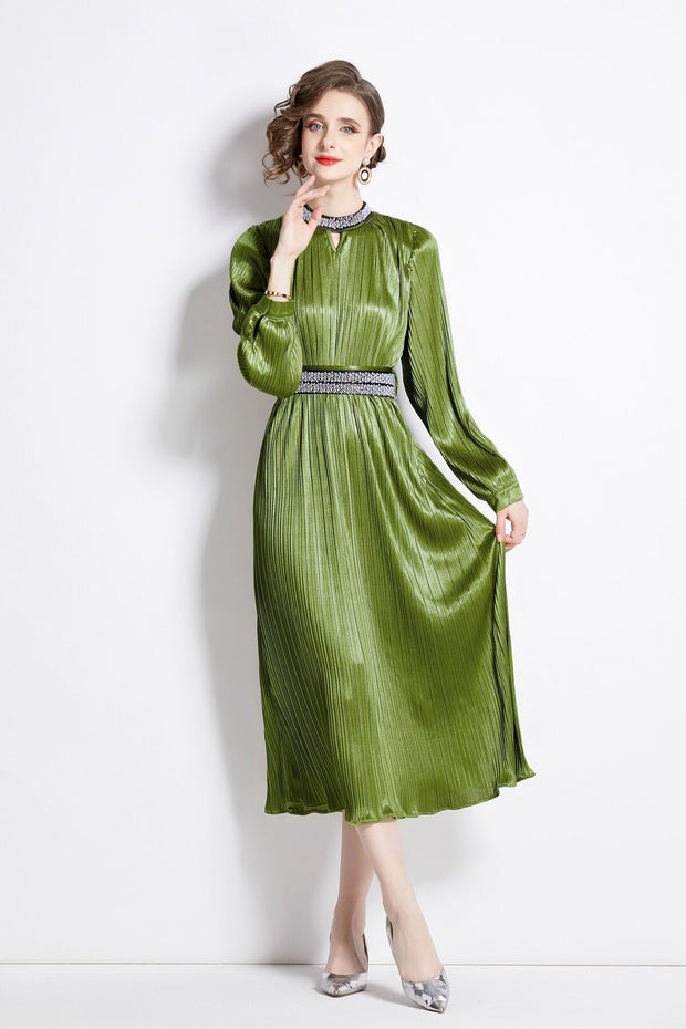 Lantern Sleeve Waist Tie Heavily Beaded Pleated Dress - Starlit Wardrobe Dresses