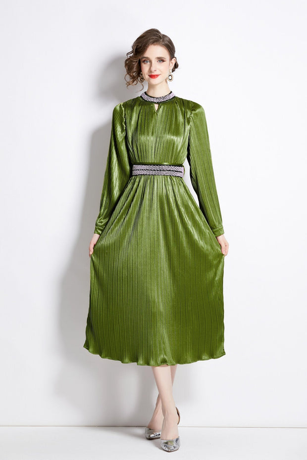 Lantern Sleeve Waist Tie Heavily Beaded Pleated Dress - Starlit Wardrobe Dresses