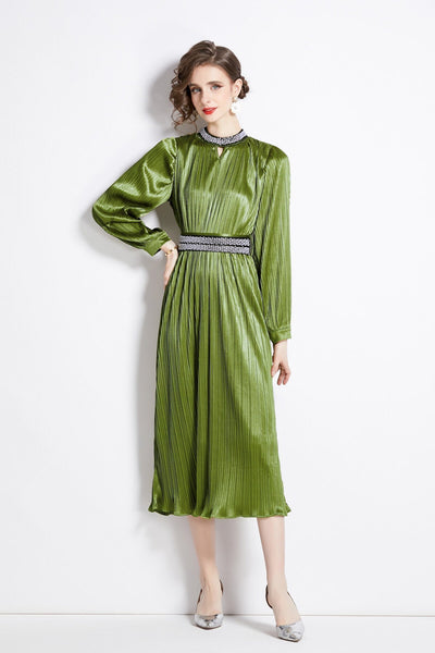Lantern Sleeve Waist Tie Heavily Beaded Pleated Dress - Starlit Wardrobe Dresses