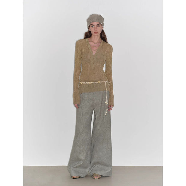 "Light and Shadow Walking" Retro Fashionable Dirty Printed Reverse - Fold Mid - Low - Waist Double - pleat Straight - leg Wide - Leg Casual Pants - Starlit Wardrobe n/a