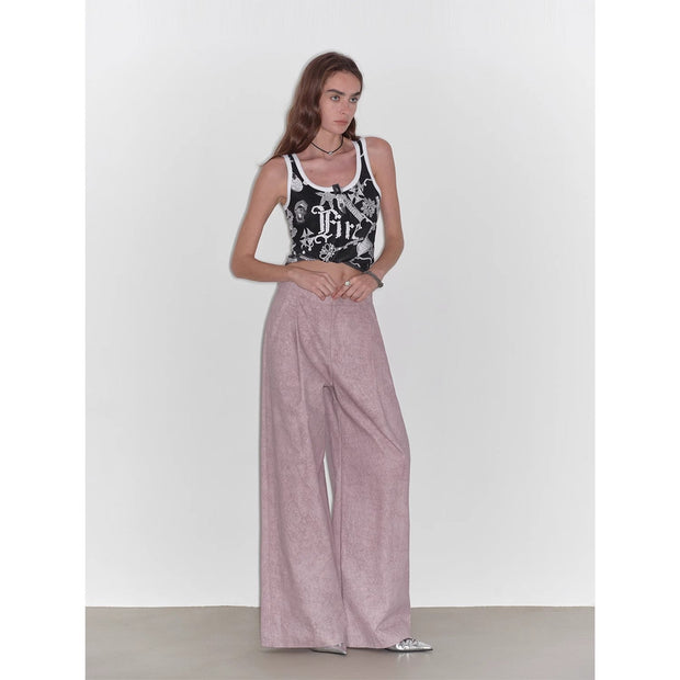"Light and Shadow Walking" Retro Fashionable Dirty Printed Reverse - Fold Mid - Low - Waist Double - pleat Straight - leg Wide - Leg Casual Pants - Starlit Wardrobe n/a