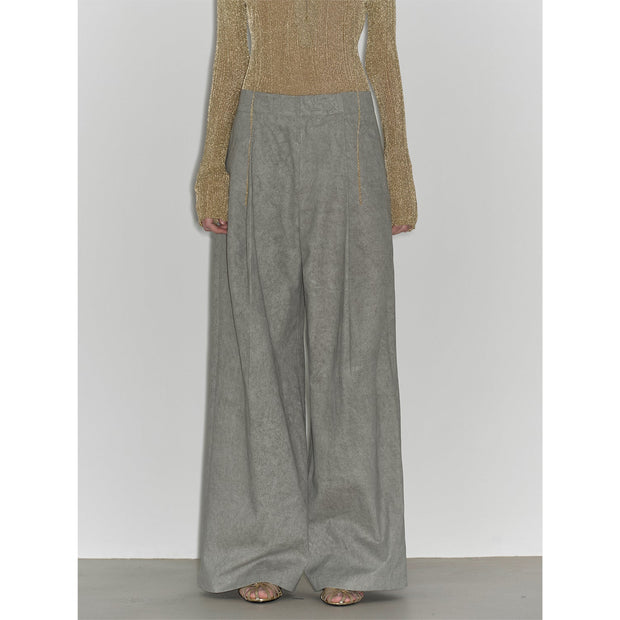 "Light and Shadow Walking" Retro Fashionable Dirty Printed Reverse - Fold Mid - Low - Waist Double - pleat Straight - leg Wide - Leg Casual Pants - Starlit Wardrobe n/a